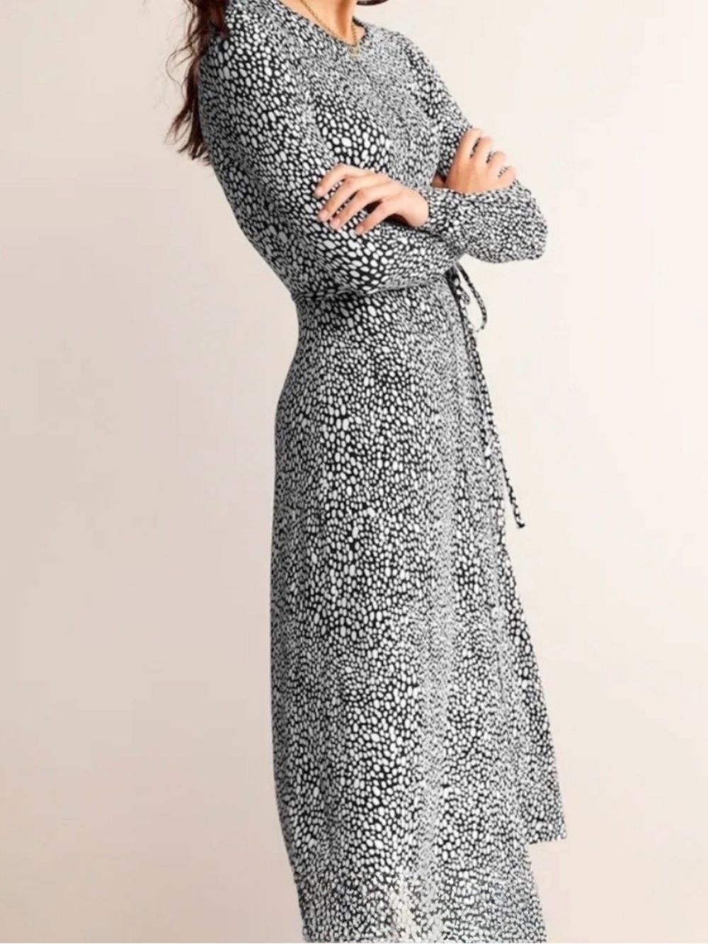 Boden Lucy Jersey Tie Waist Midi Dress Black White Spot Print Tie Waist US 6R